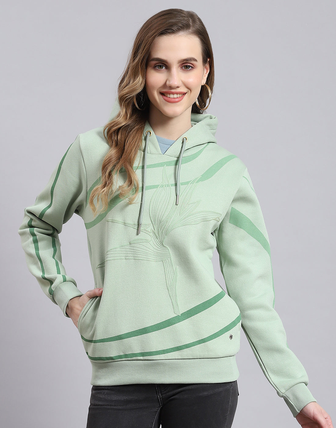 Women Green Printed Hooded Full Sleeve Sweatshirt