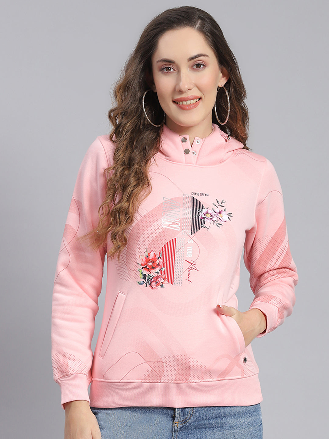 Women Pink Printed Hooded Full Sleeve Sweatshirts