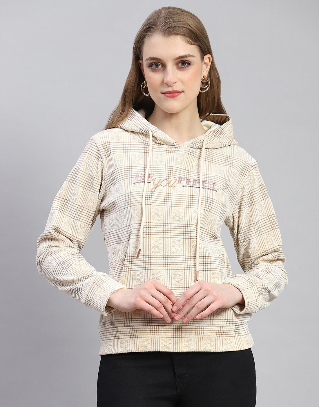 Women Cream Embroidered Hooded Full Sleeve Sweatshirt