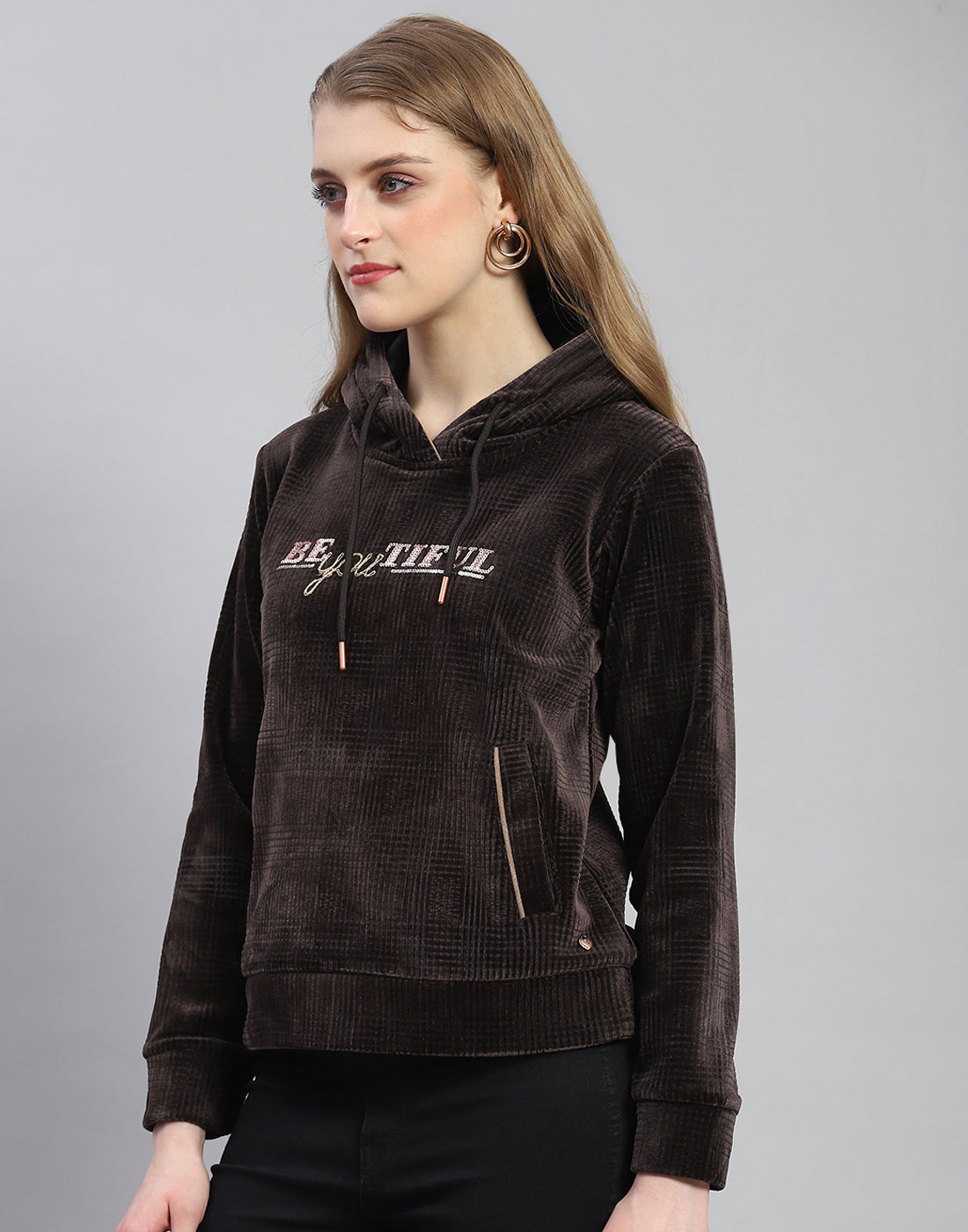 Women Brown Embroidered Hooded Full Sleeve Sweatshirt