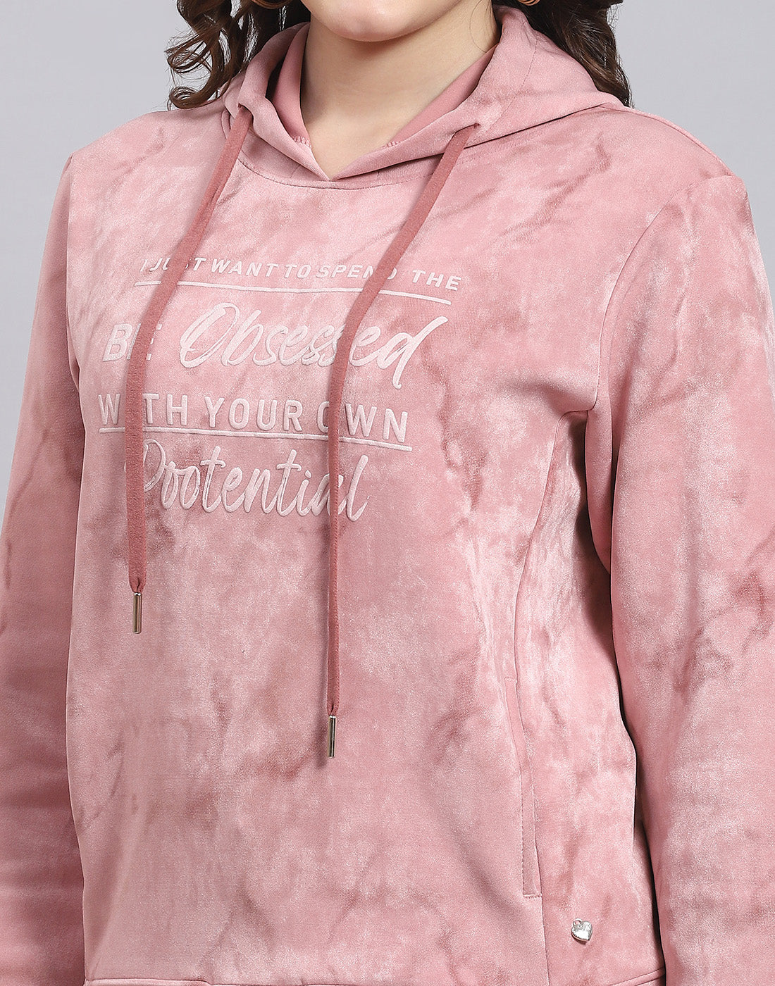 Women Peach Printed Hooded Full Sleeve Sweatshirt