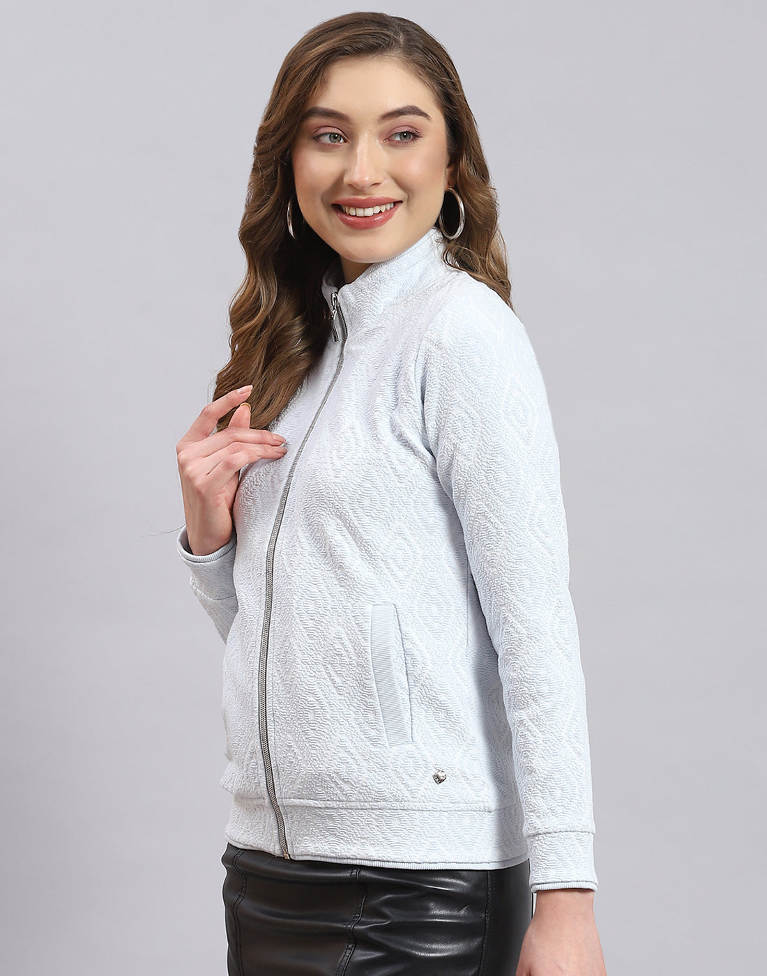 Women Blue Self Design Stand Collar Full Sleeve Sweatshirt