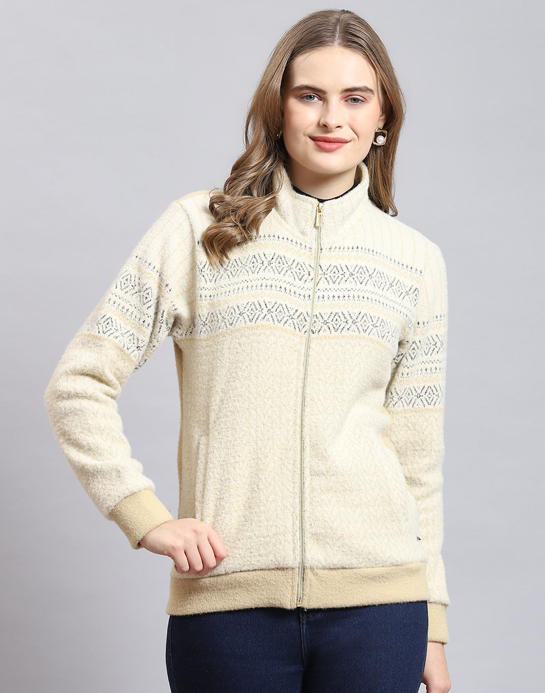 Women Beige Self Design Stand Collar Full Sleeve Sweatshirt