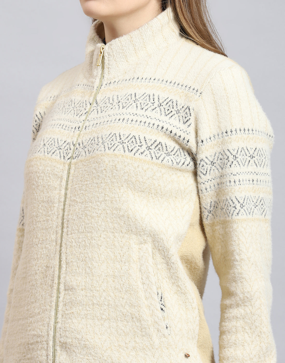 Women Beige Self Design Stand Collar Full Sleeve Sweatshirt