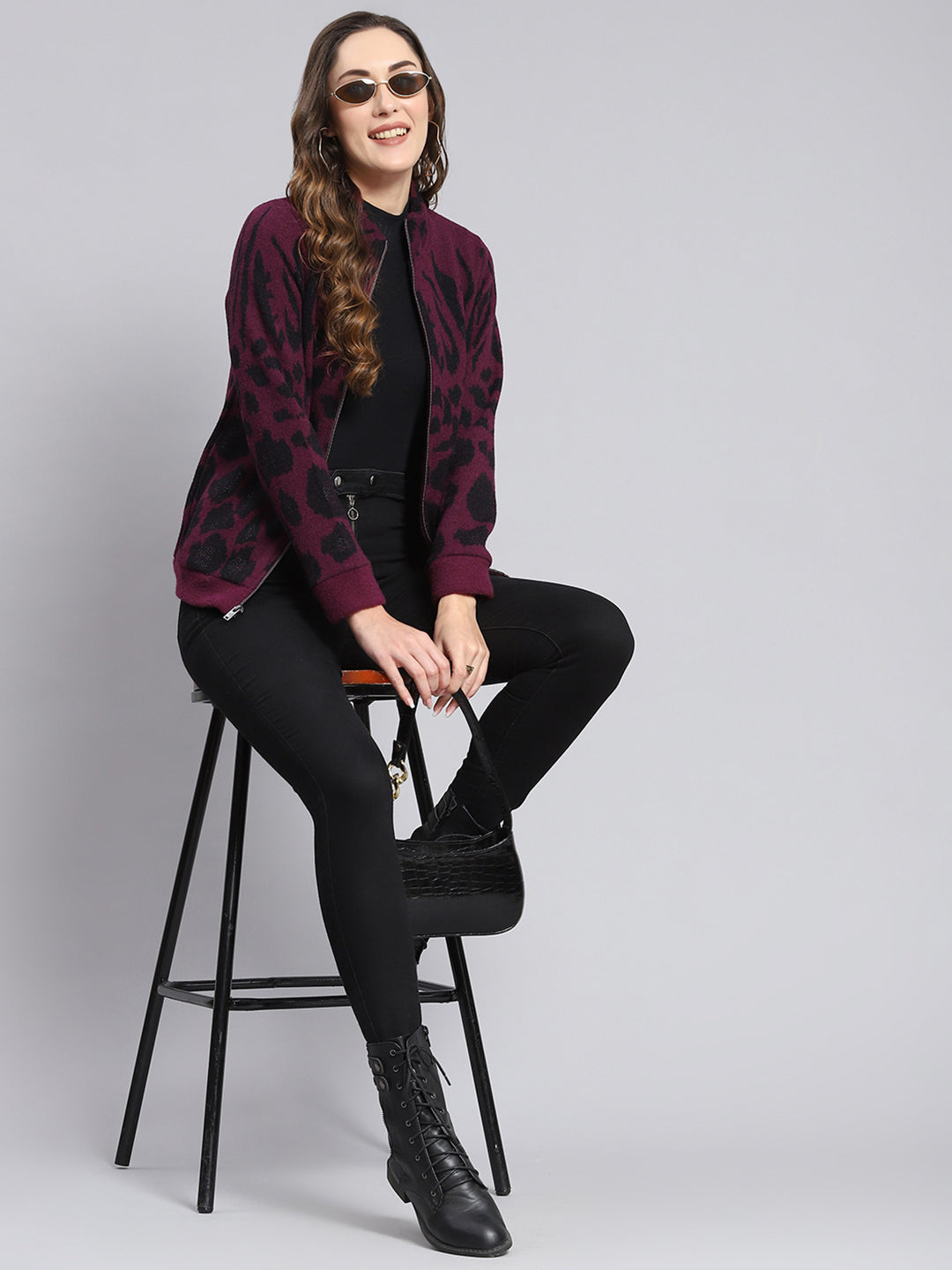 Women Purple Self Design F Neck Full Sleeve Sweatshirts