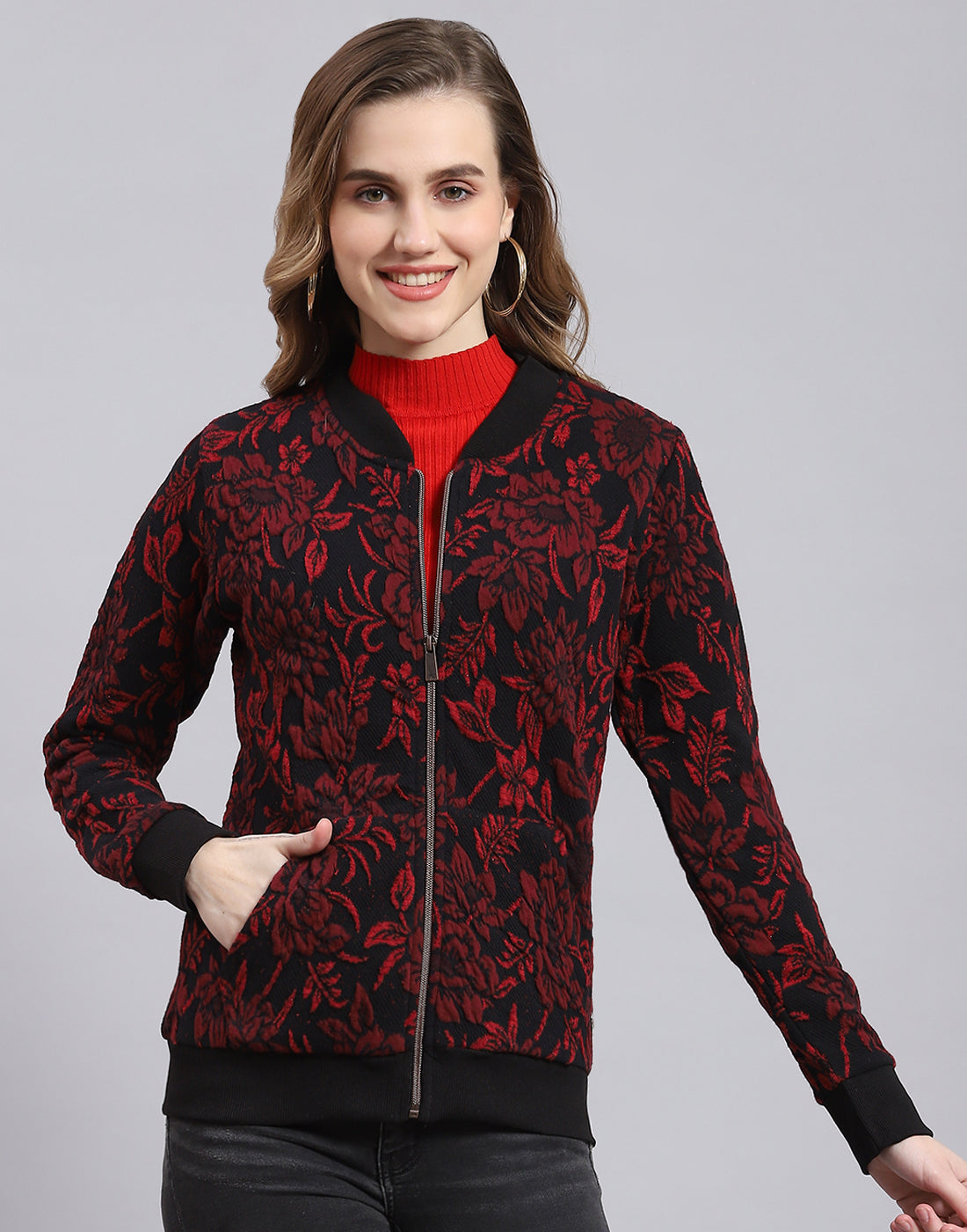 Women Red Self Design Stand Collar Full Sleeve Sweatshirt
