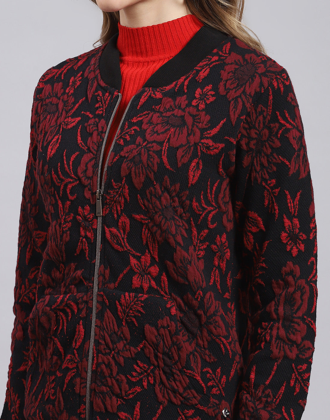 Women Red Self Design Stand Collar Full Sleeve Sweatshirt