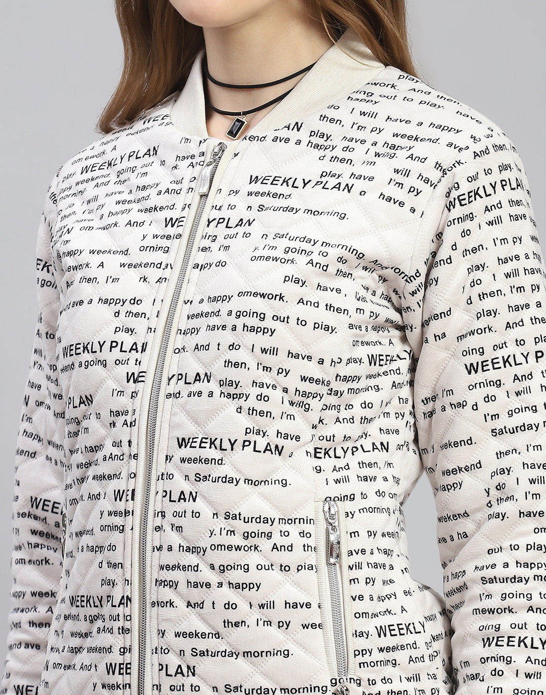 Women Off White Printed Mandarin Collar Full Sleeve Jacket