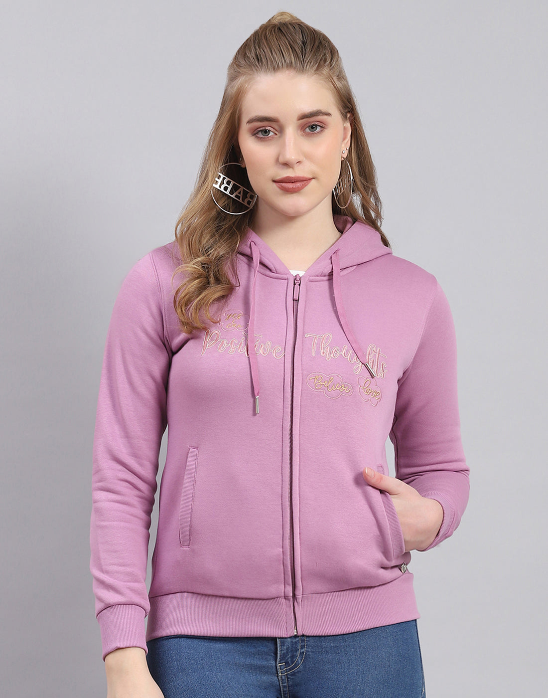 Women Purple Embroidered Hooded Full Sleeve Sweatshirt