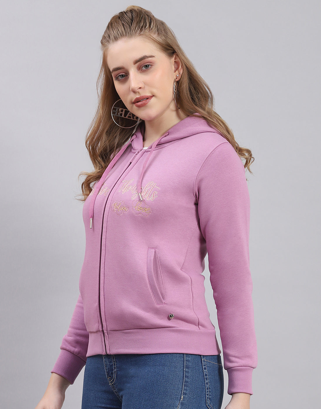 Women Purple Embroidered Hooded Full Sleeve Sweatshirt