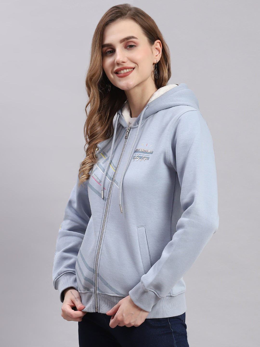Women Blue Printed Hooded Full Sleeve Sweatshirts