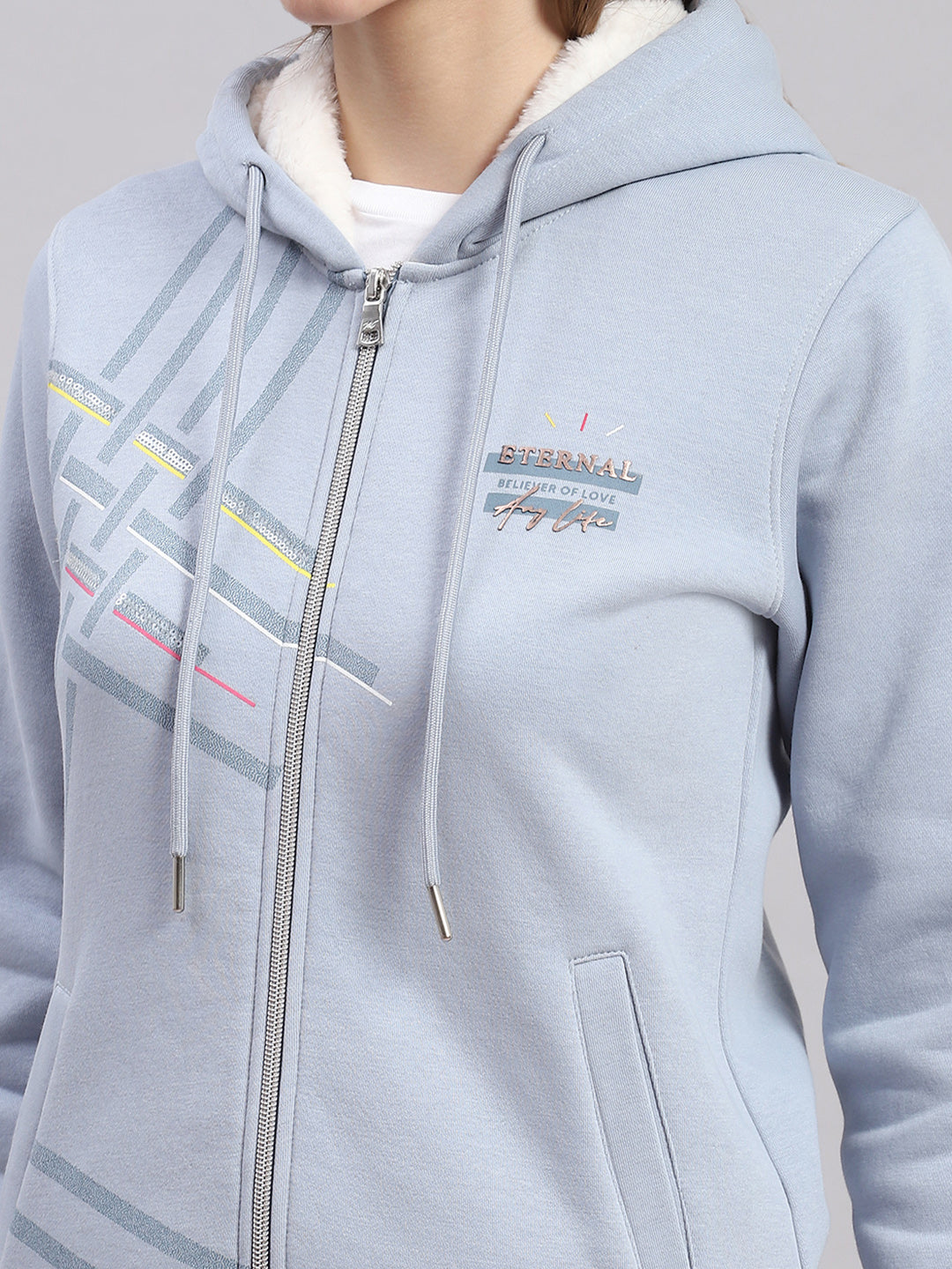 Women Blue Printed Hooded Full Sleeve Sweatshirts
