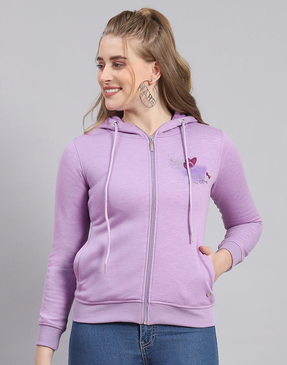 Women Purple Printed Hooded Full Sleeve Sweatshirt