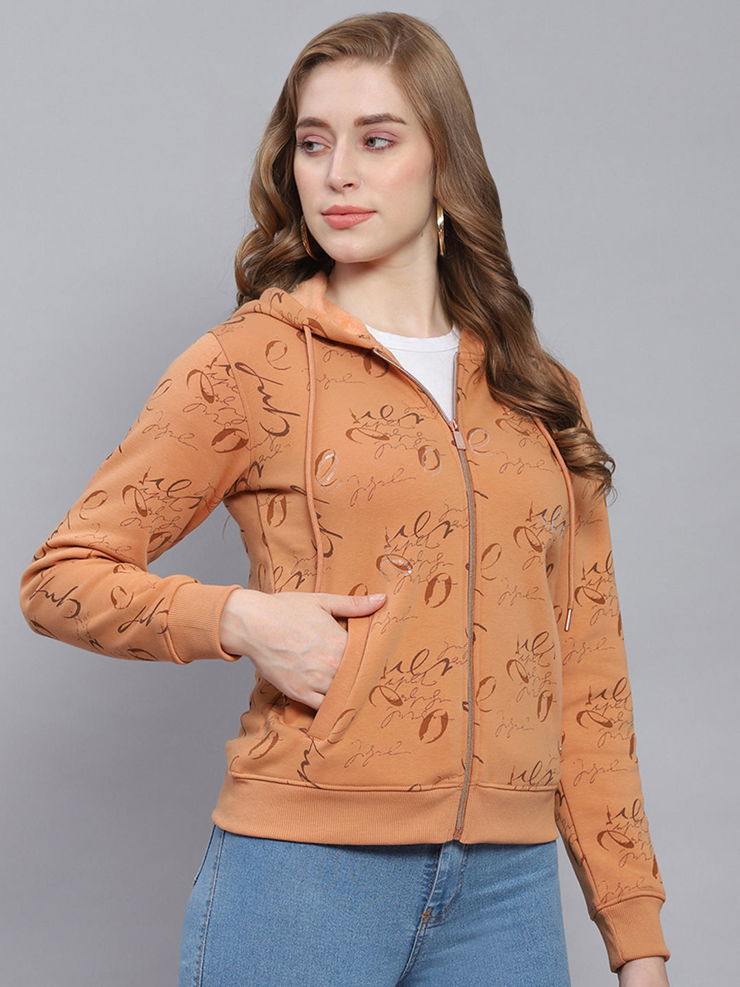 Women Brown Printed Hooded Full Sleeve Sweatshirts