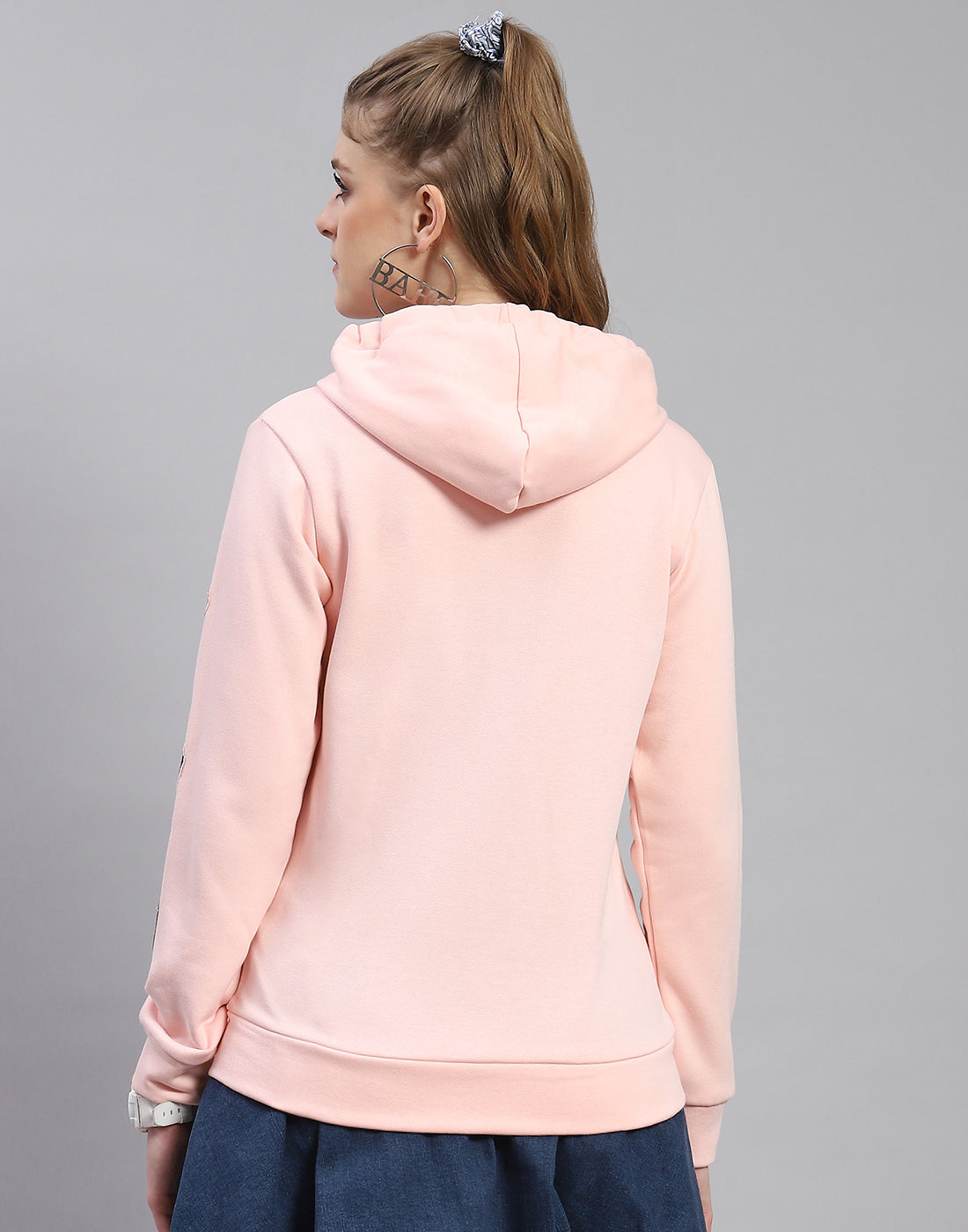 Women Pink Embroidered Hooded Full Sleeve Sweatshirt