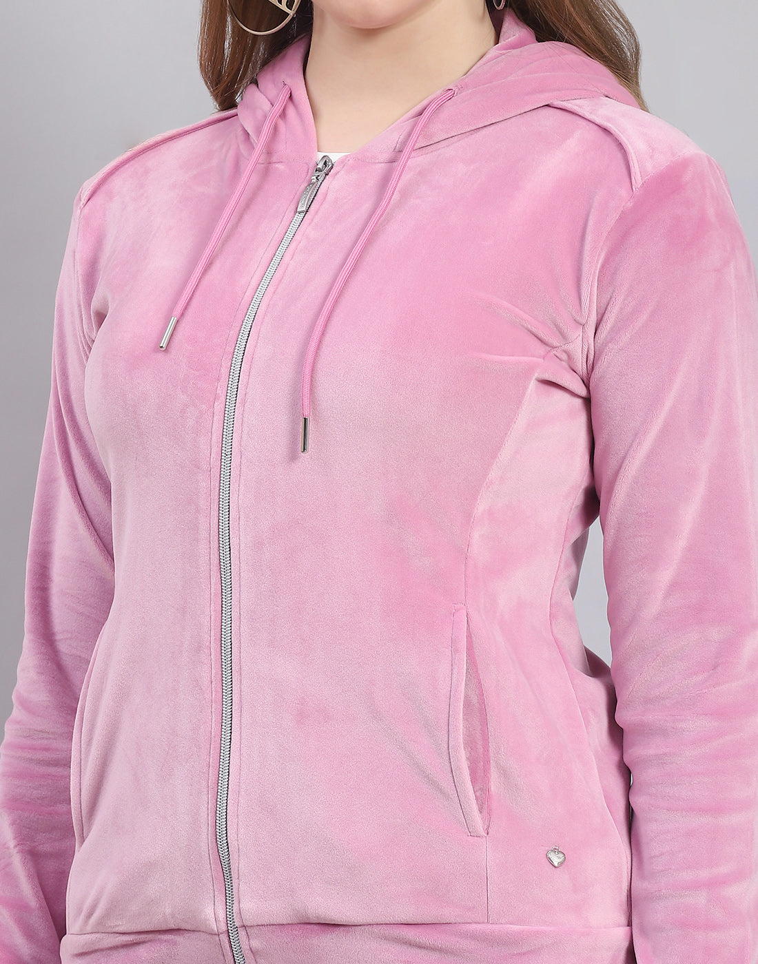 Women Pink Solid Hooded Full Sleeve Tracksuit