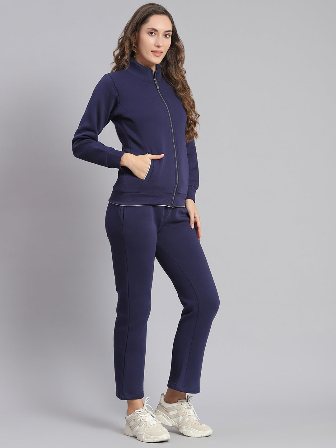 Women Purple Solid Stand Collar Full Sleeve Tracksuits