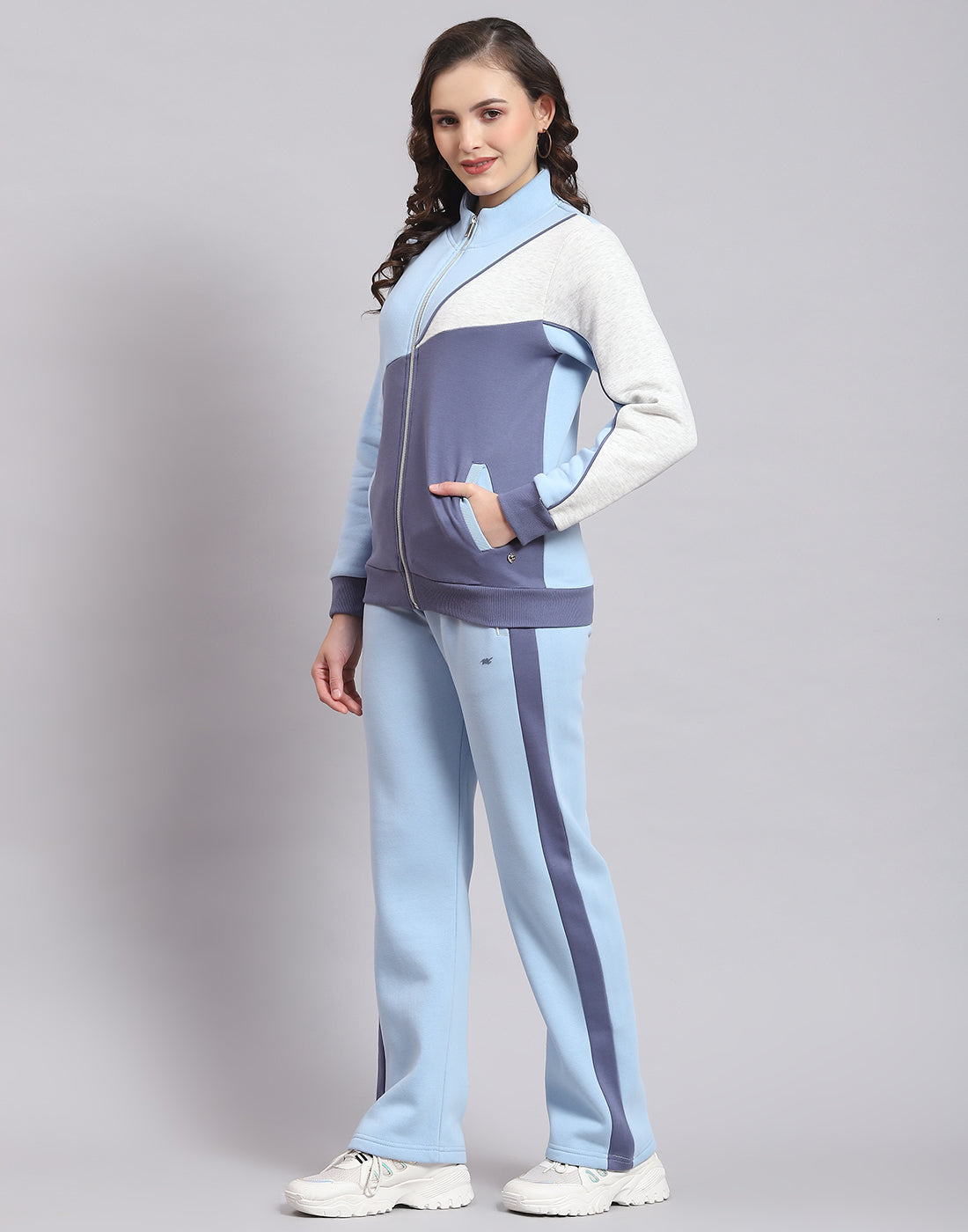 Women Blue Solid Stand Collar Full Sleeve Tracksuit