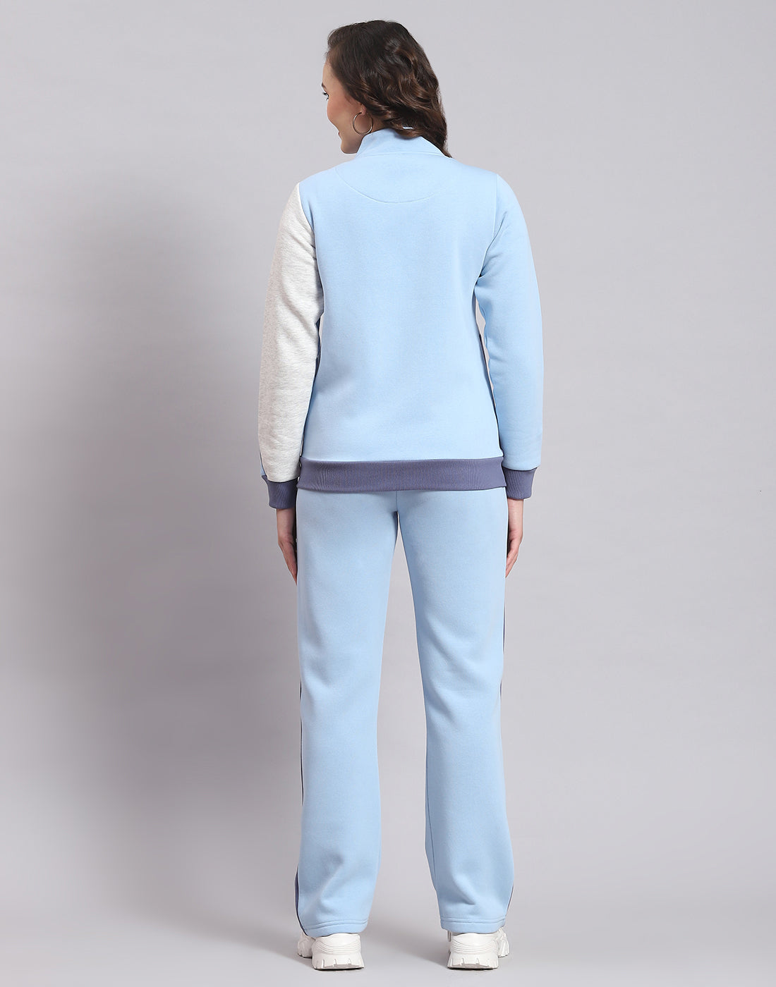 Women Blue Solid Stand Collar Full Sleeve Tracksuit