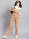 Women Beige Solid Stand Collar Full Sleeve Tracksuit