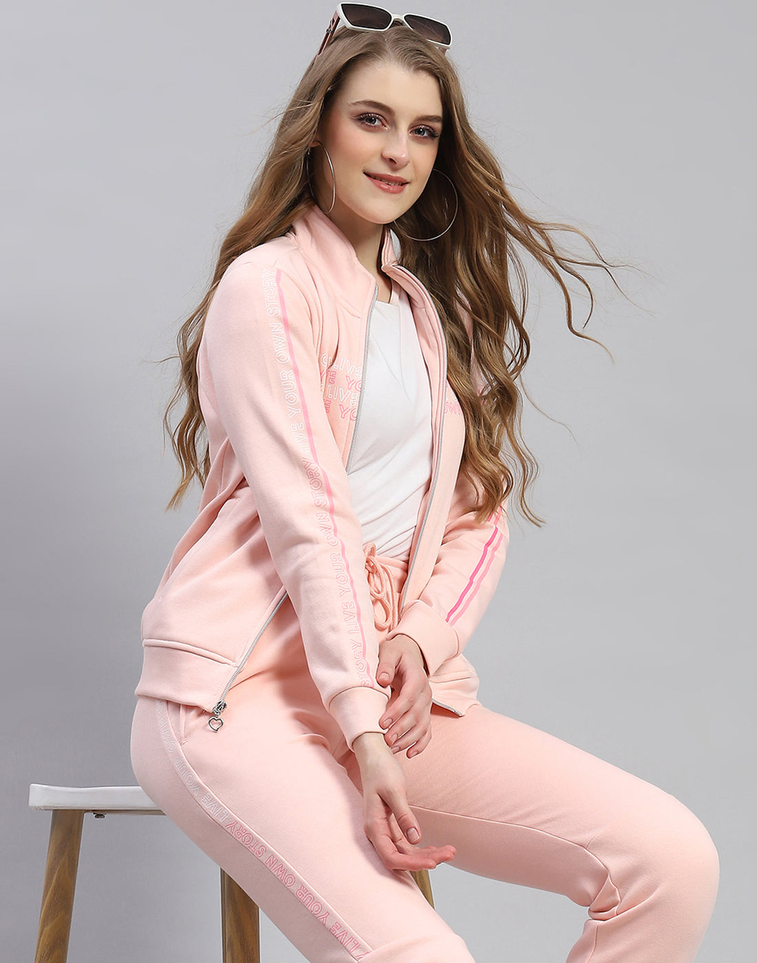 Women Pink Printed Stand Collar Full Sleeve Tracksuit