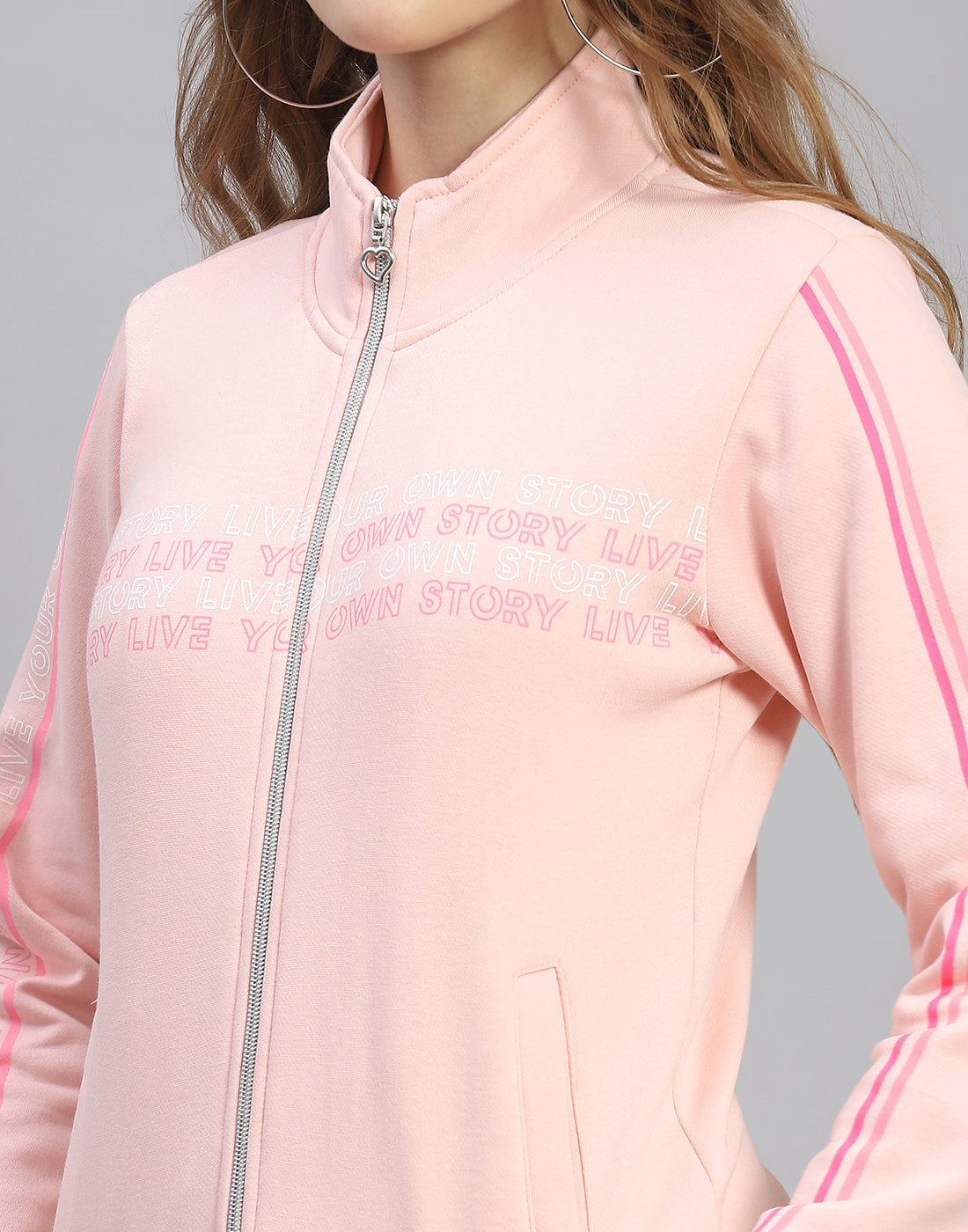 Women Pink Printed Stand Collar Full Sleeve Tracksuit