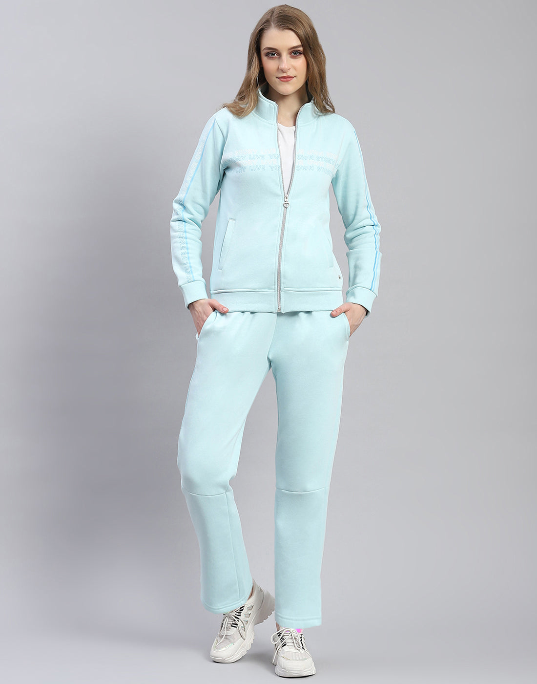Women Blue Printed Stand Collar Full Sleeve Tracksuit