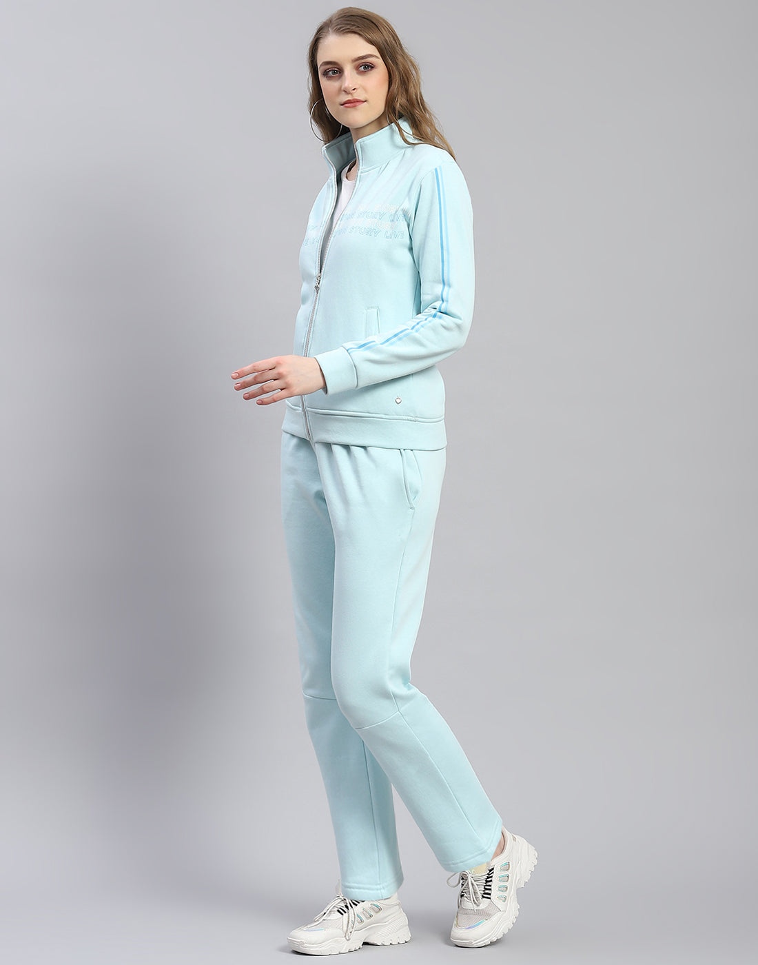 Women Blue Printed Stand Collar Full Sleeve Tracksuit
