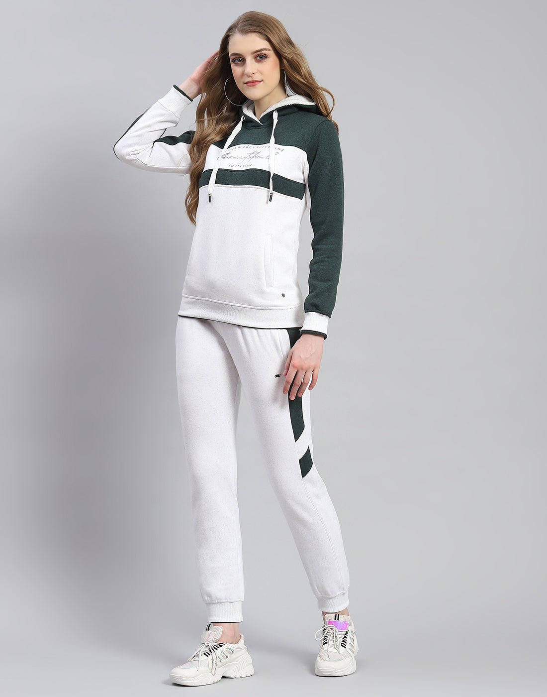 Women White Printed Hooded Full Sleeve Tracksuit