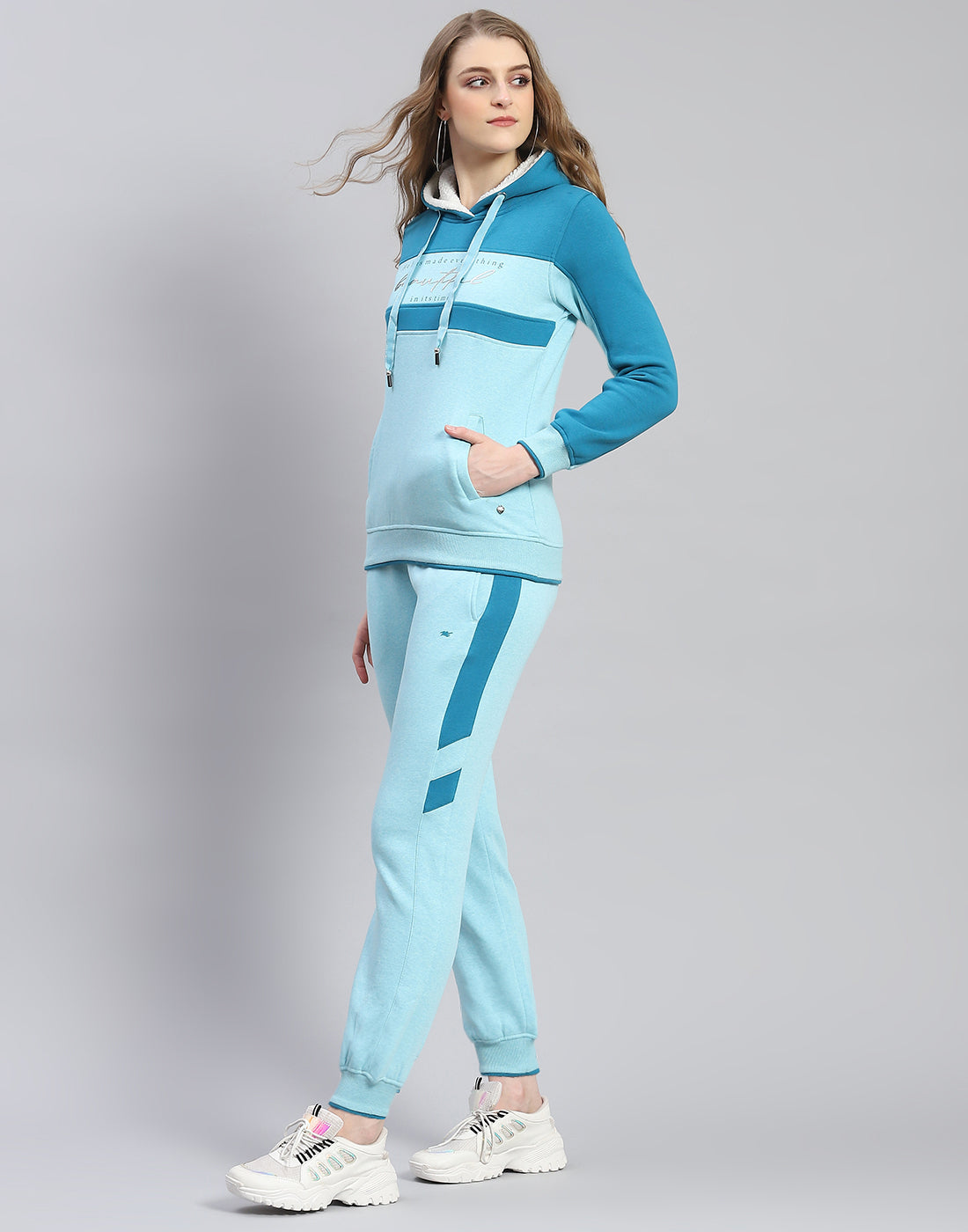Women Blue Printed Hooded Full Sleeve Tracksuit