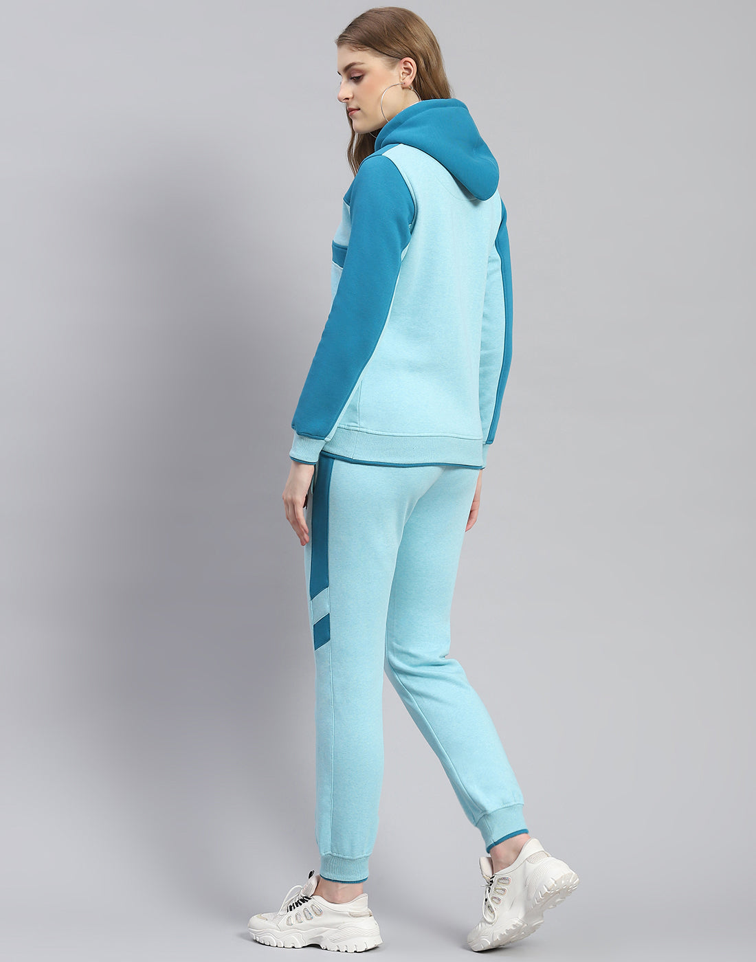 Women Blue Printed Hooded Full Sleeve Tracksuit