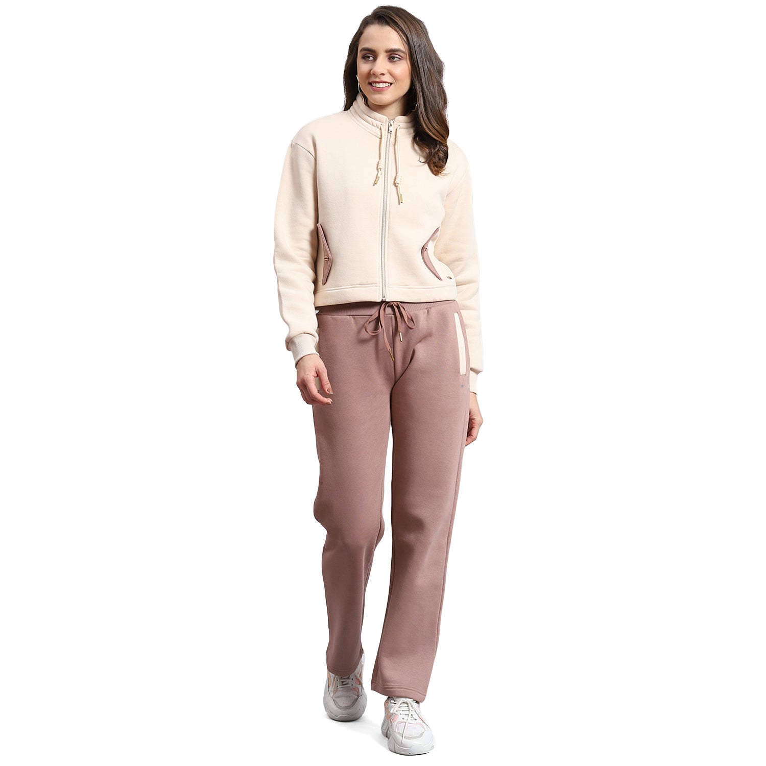 Women Beige Solid Stand Collar Full Sleeve Tracksuit