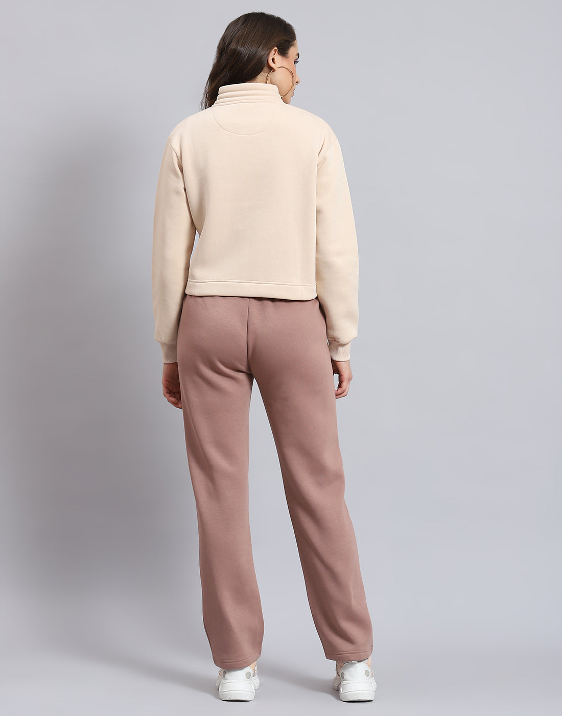 Women Beige Solid Stand Collar Full Sleeve Tracksuit