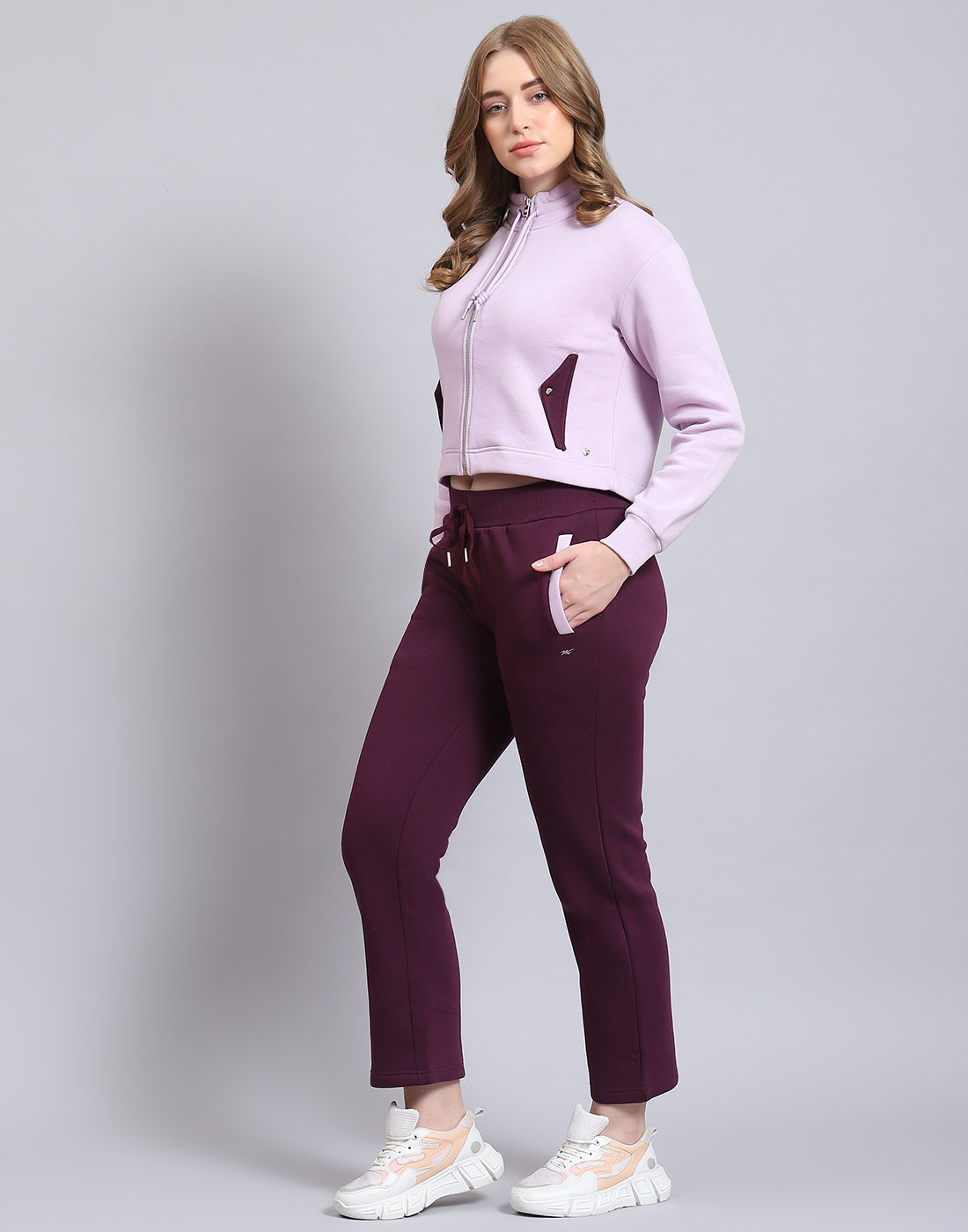 Women Purple Solid Stand Collar Full Sleeve Tracksuit