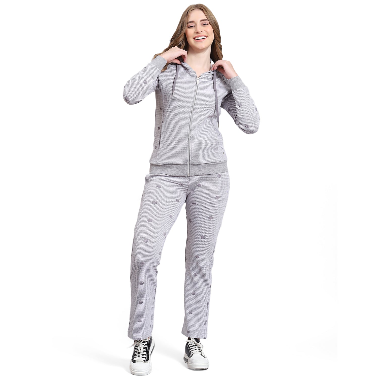 Women Grey Self Design Hooded Full Sleeve Tracksuit