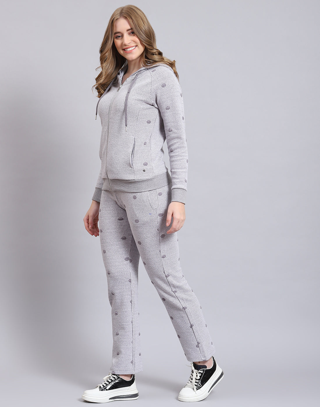 Women Grey Self Design Hooded Full Sleeve Tracksuit