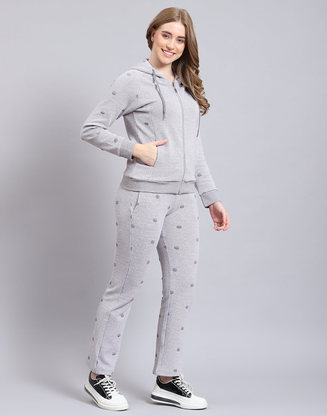 Women Grey Self Design Hooded Full Sleeve Tracksuit