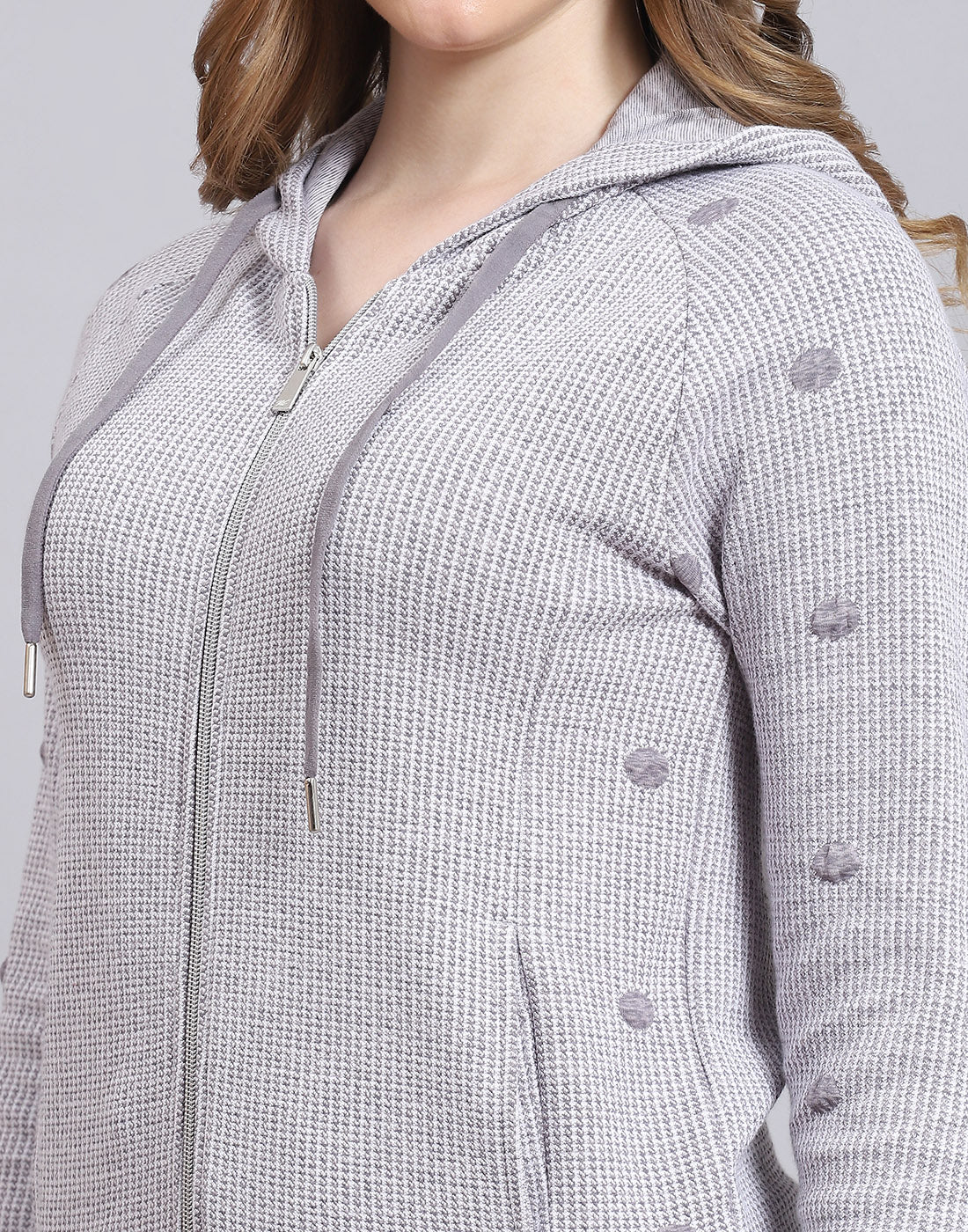 Women Grey Self Design Hooded Full Sleeve Tracksuit