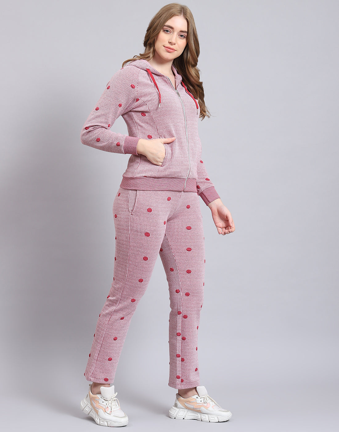 Women Pink Self Design Hooded Full Sleeve Tracksuit