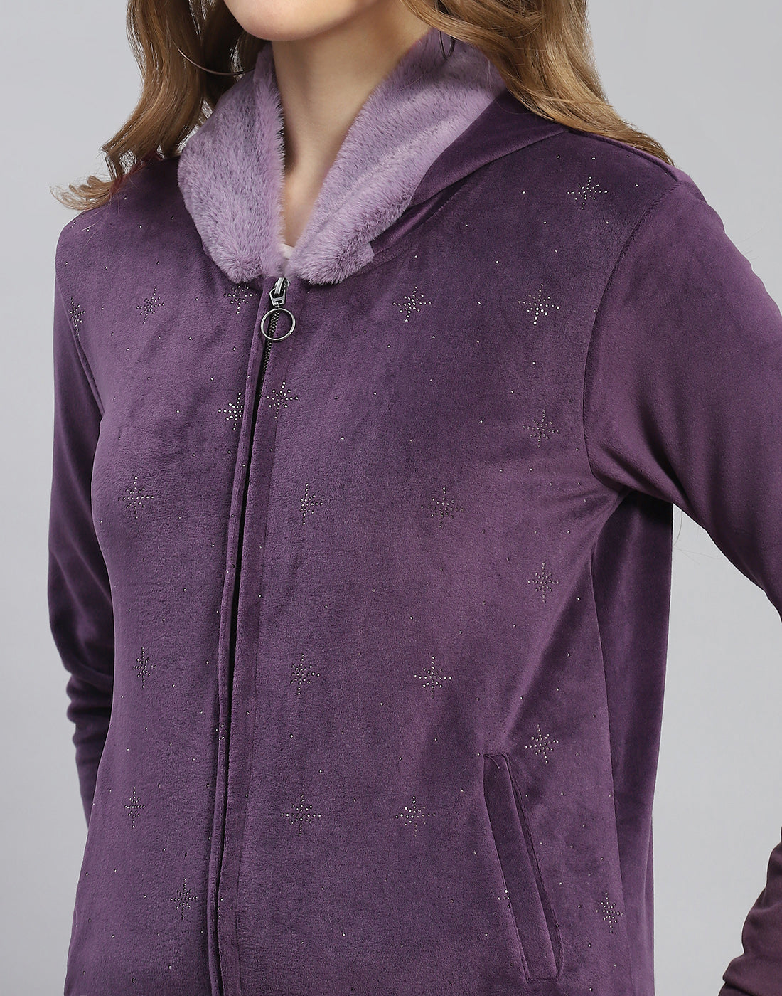 Women Purple Solid Hooded Full Sleeve Tracksuit