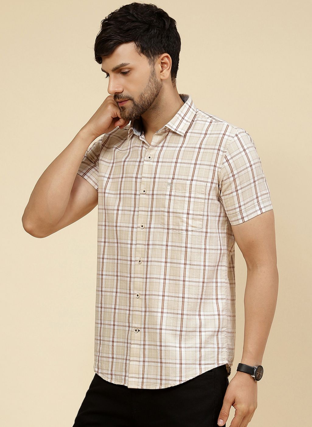 Men Beige Check Shirt