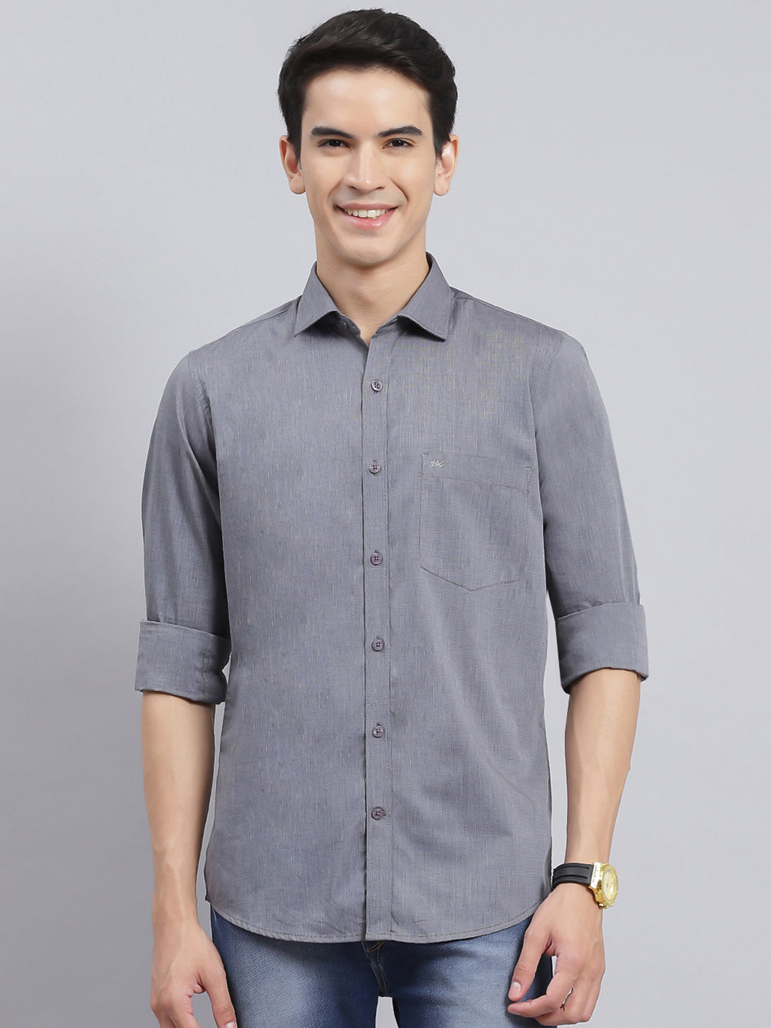 Men Grey Solid Pure Cotton Shirt