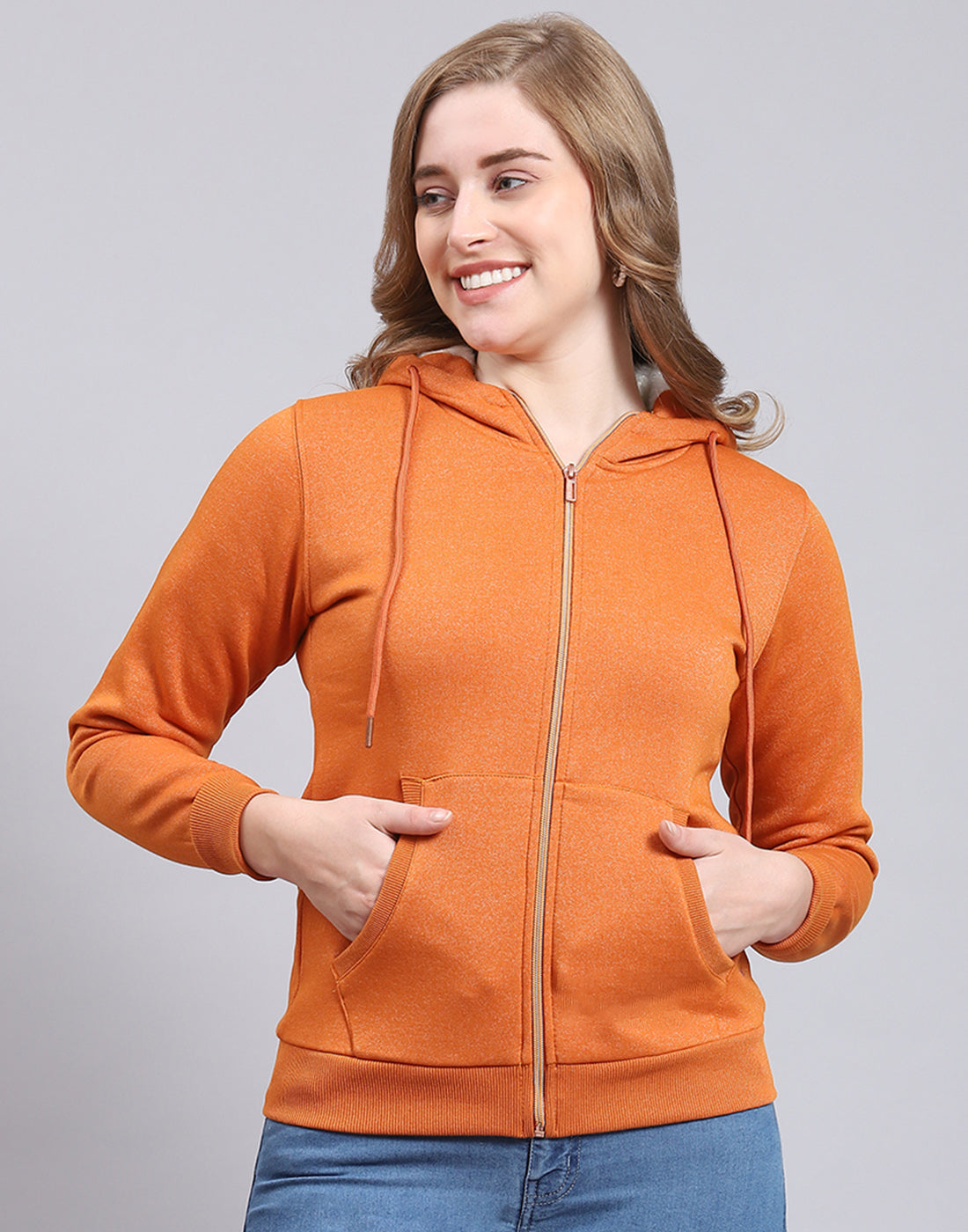 Women Rust Solid Hooded Full Sleeve Sweatshirt