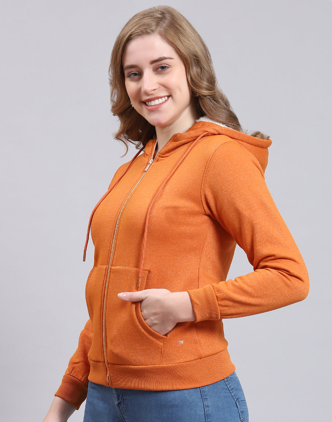 Women Rust Solid Hooded Full Sleeve Sweatshirt