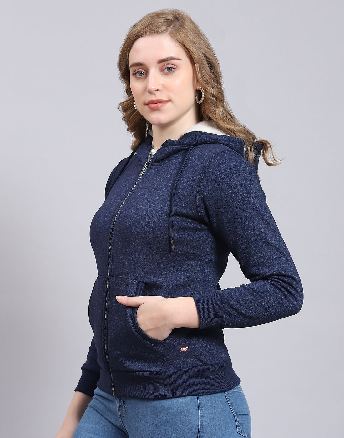 Women Navy Blue Solid Hooded Full Sleeve Sweatshirt