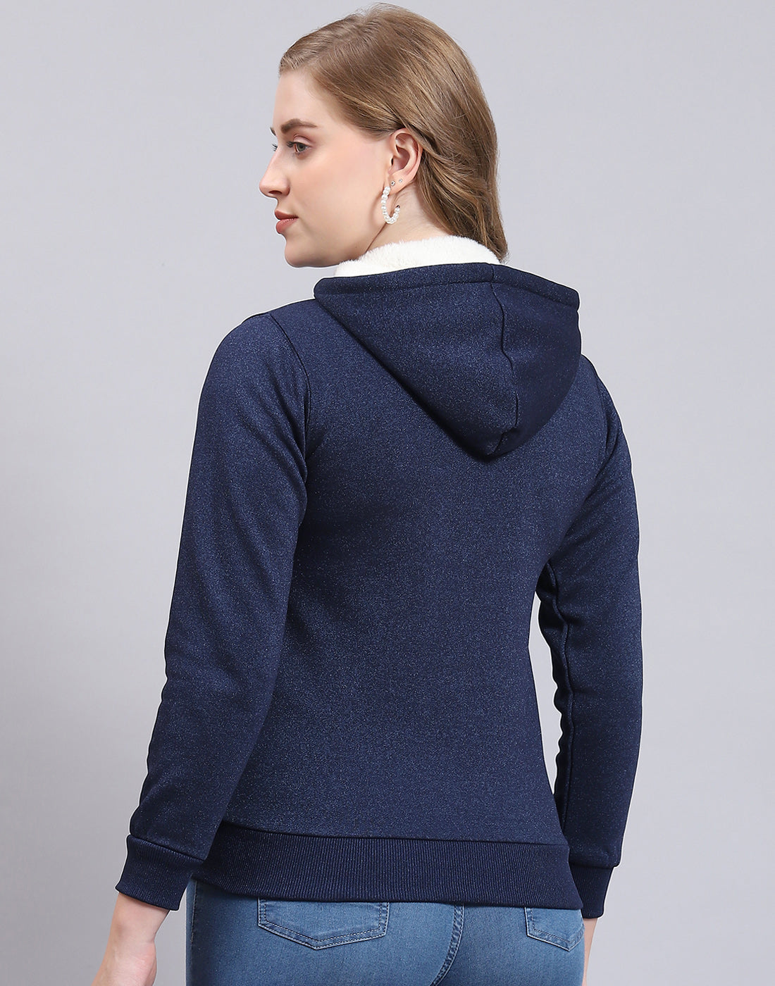 Women Navy Blue Solid Hooded Full Sleeve Sweatshirt