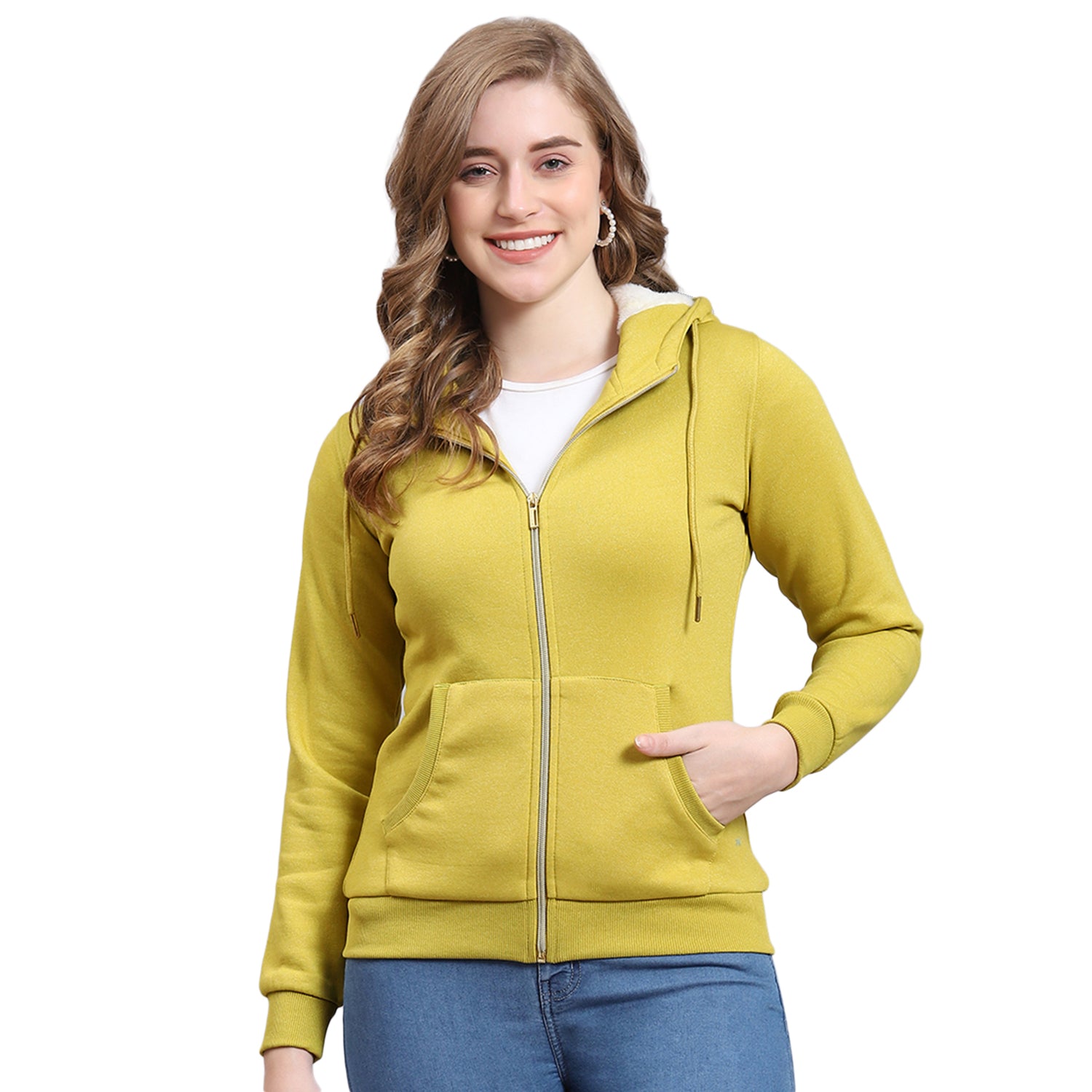 Women Mustard Solid Hooded Full Sleeve Sweatshirt