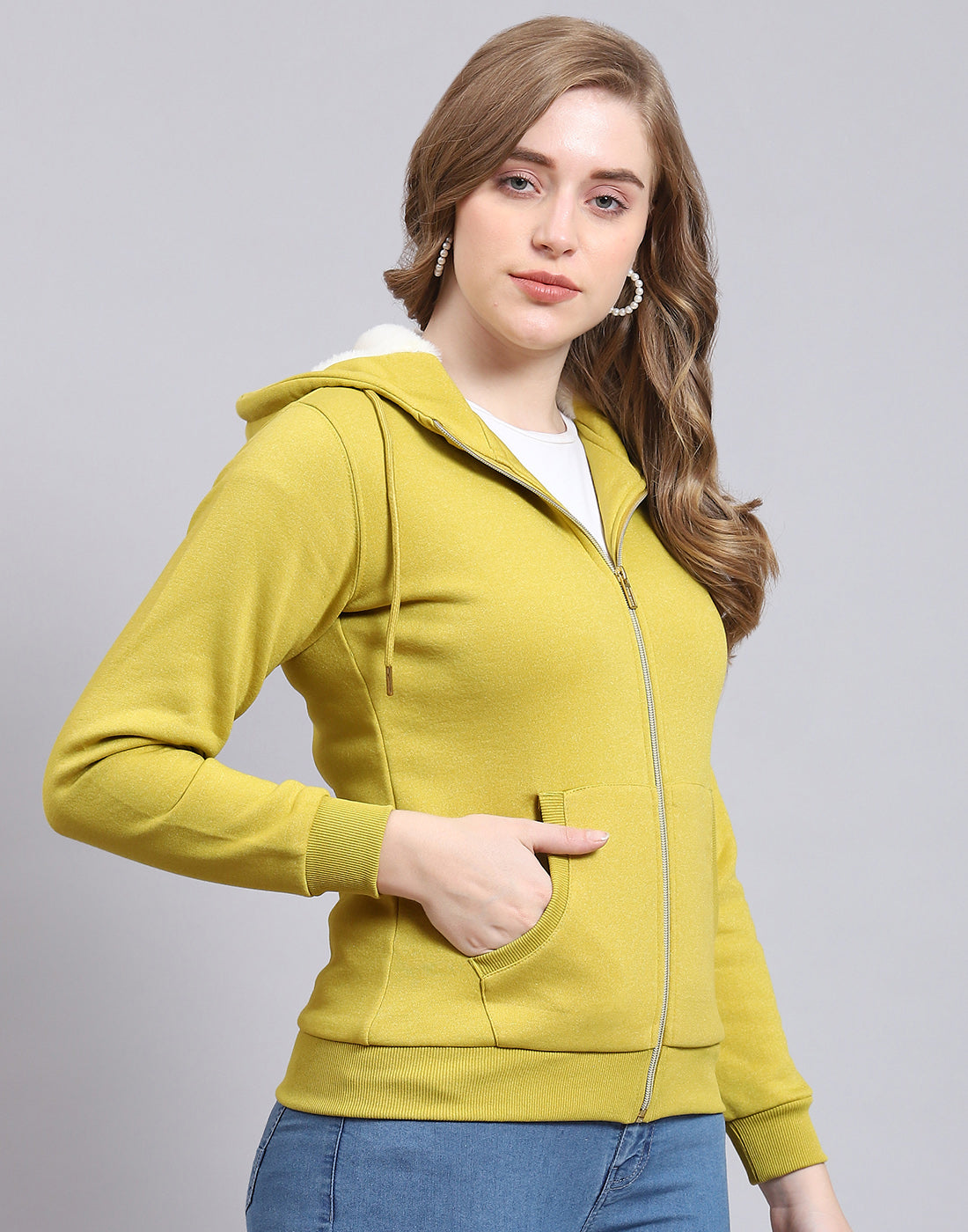 Women Mustard Solid Hooded Full Sleeve Sweatshirt