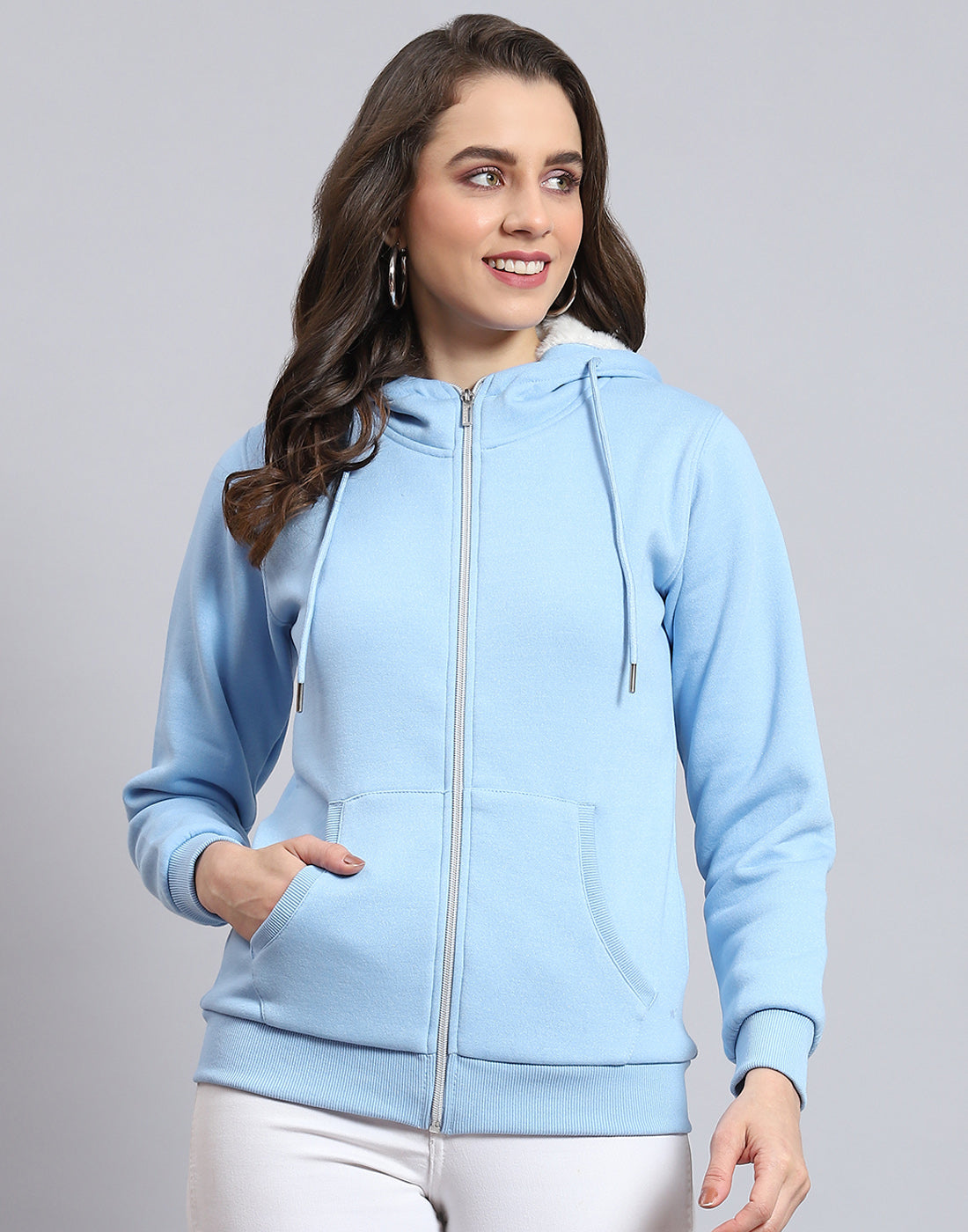 Women Blue Solid Hooded Full Sleeve Sweatshirt
