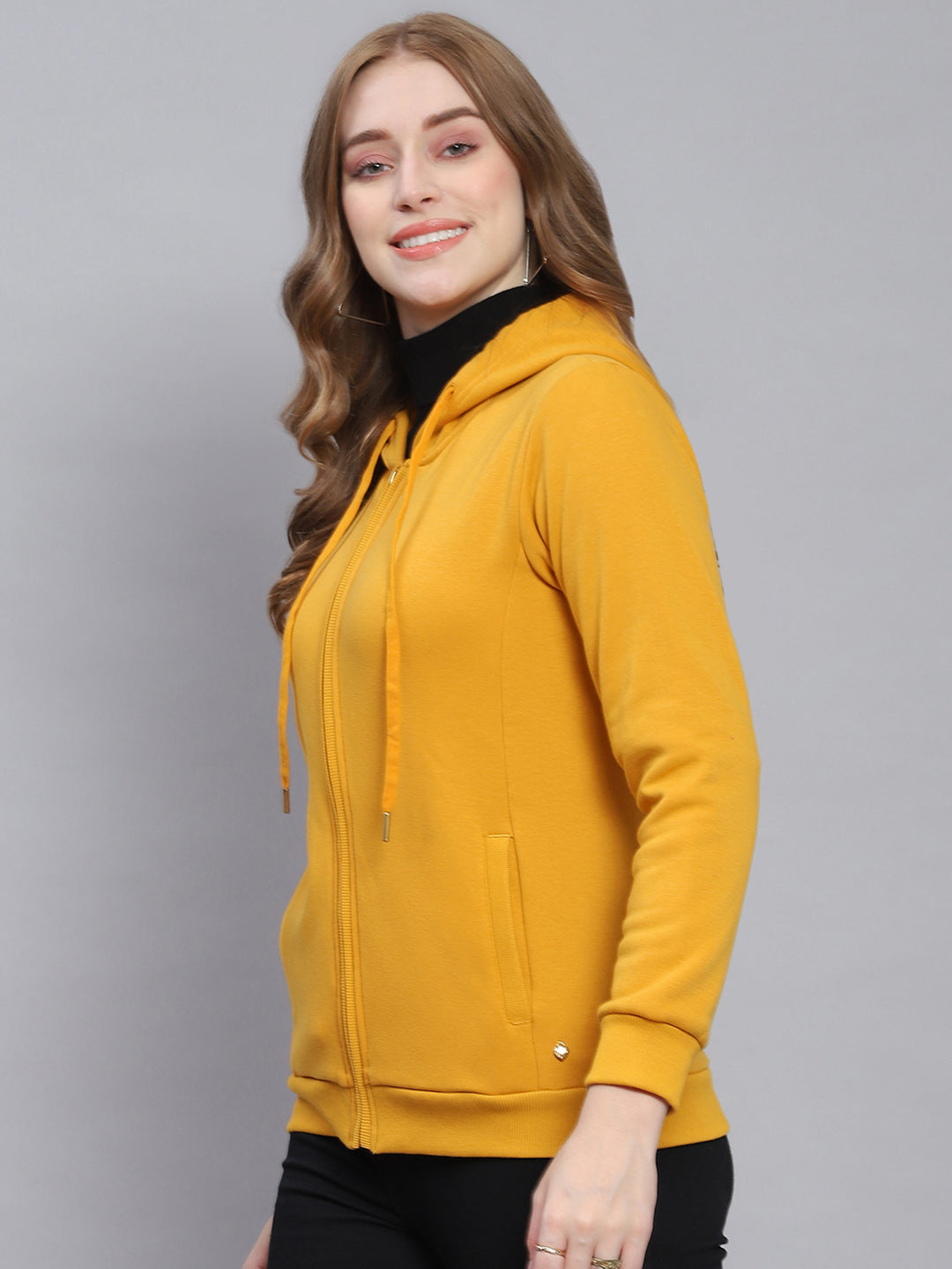 Women Yellow Solid Hooded Full Sleeve Sweatshirts